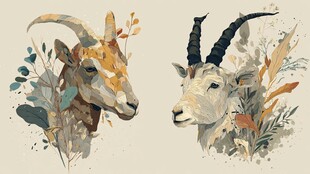 双角羊与自然植物插画