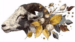 羊头花卉插画艺术图