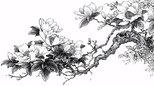 玉兰花枝黑白手绘插画