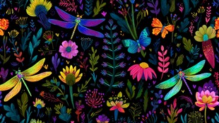 梦幻花卉与灵动蜻蜓图案