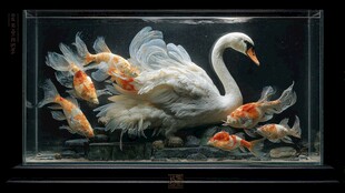 天鹅与锦鲤的梦幻水族景观