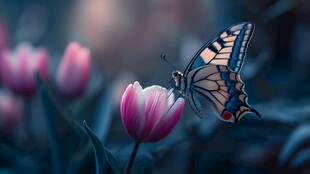 蝴蝶停驻在娇艳郁金香上