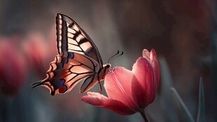 蝴蝶停驻娇艳郁金香