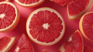 粉红背景上的多汁西柚切片