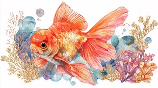 水彩绘灵动金鱼与海草