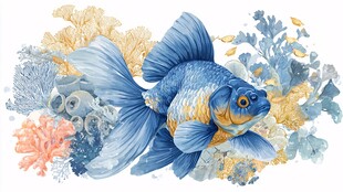 蓝色金鱼与多彩海底植物