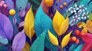 多彩秋叶与浆果梦幻插画