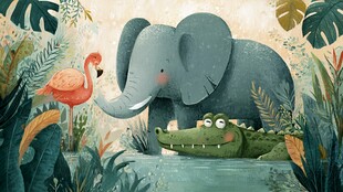 大象火烈鸟与鳄鱼的丛林奇遇