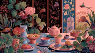 复古花卉风的精致茶点场景