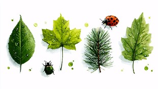 清新绿叶与可爱昆虫画面