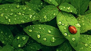 露珠绿叶上的红色瓢虫