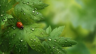 露珠绿叶上的红色瓢虫