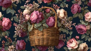 花篮置于繁花背景中