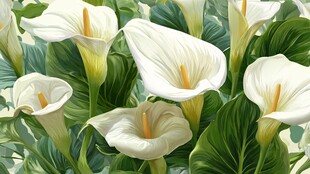 纯洁马蹄莲绽放绿意间