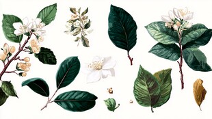 手绘清新花卉与绿叶素材