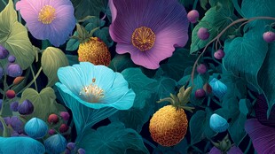 梦幻花卉与果实的绚丽景象