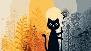 黑猫持花于梦幻植物间