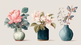 三花瓶盛放多彩花卉