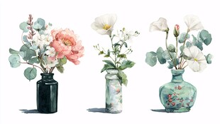 三款古风花瓶插花插画