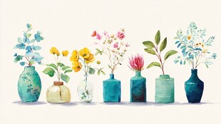 多彩花瓶插满缤纷花卉