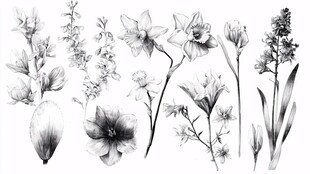 黑白花卉手绘插画集合