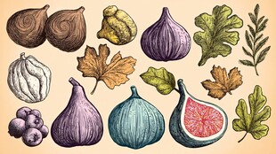 手绘无花果及枝叶元素集