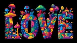 多彩蘑菇构成的LOVE字样
