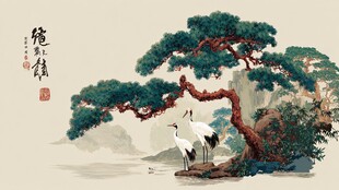 松鹤延年中式山水绘画