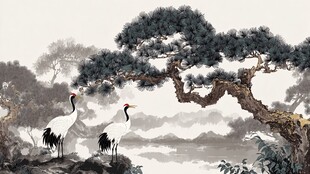 松鹤图中式山水意境美