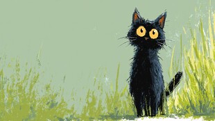 黑猫立于草地间