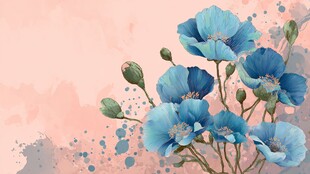 梦幻蓝罂粟花卉水彩图