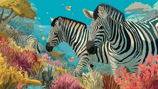 斑马漫步于多彩奇幻丛林