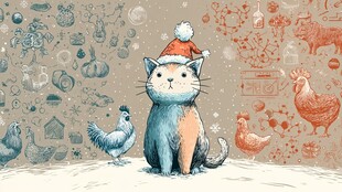 戴圣诞帽的猫咪与小鸡