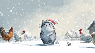 雪地中戴帽猫咪与鸡群