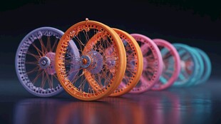 多彩自行车轮毂排列展示