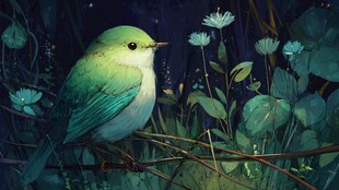 夜中绿羽小鸟栖于花草间