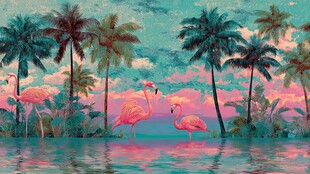 梦幻火烈鸟与棕榈树景观