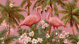 双火烈鸟栖于椰林花丛间