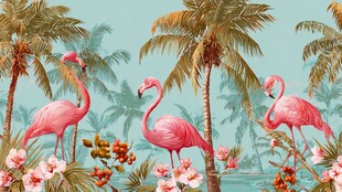 热带风情中的火烈鸟与棕榈树