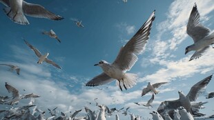 群鸥翱翔于蓝天之下