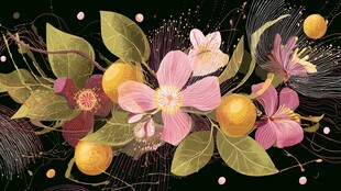 梦幻花卉与果实插画