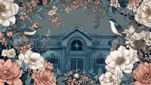 欧式建筑旁繁花飞鸟图景