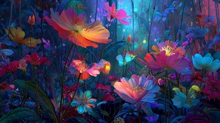 梦幻夜花园中的绚烂花卉