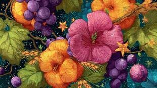 多彩花卉与葡萄梦幻图案