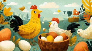 田园中鸡与蛋的温馨场景