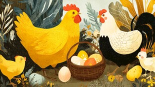 田园中鸡群与满满一篮鸡蛋