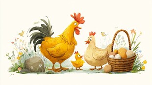 母鸡一家与满篮鸡蛋