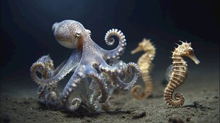 章鱼与海马的海底同框