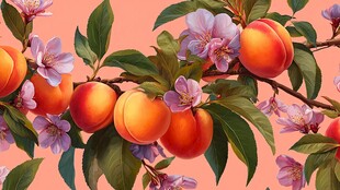 桃枝繁花硕果插画图案