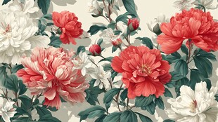 复古风红白牡丹花卉图案